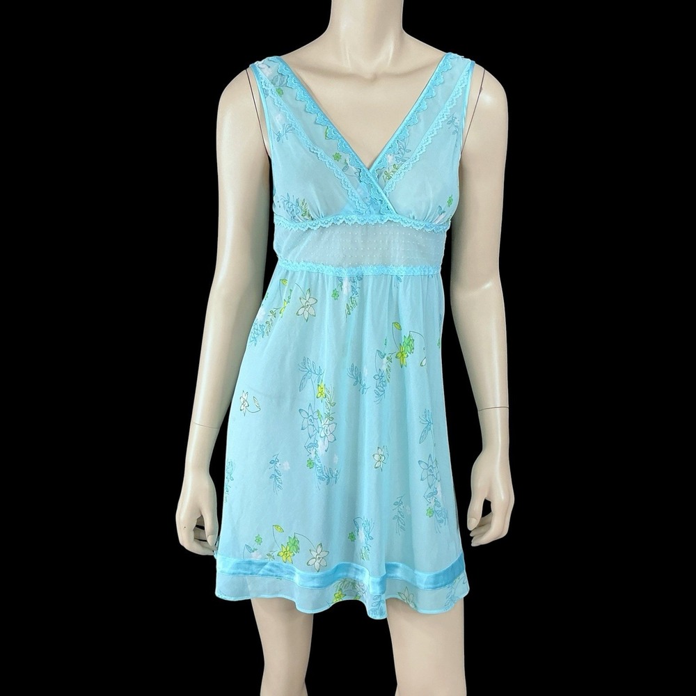 Victorias Secret Women Small Blue Turquoise Lace Trim Chiffon‎ Babydoll Nightie